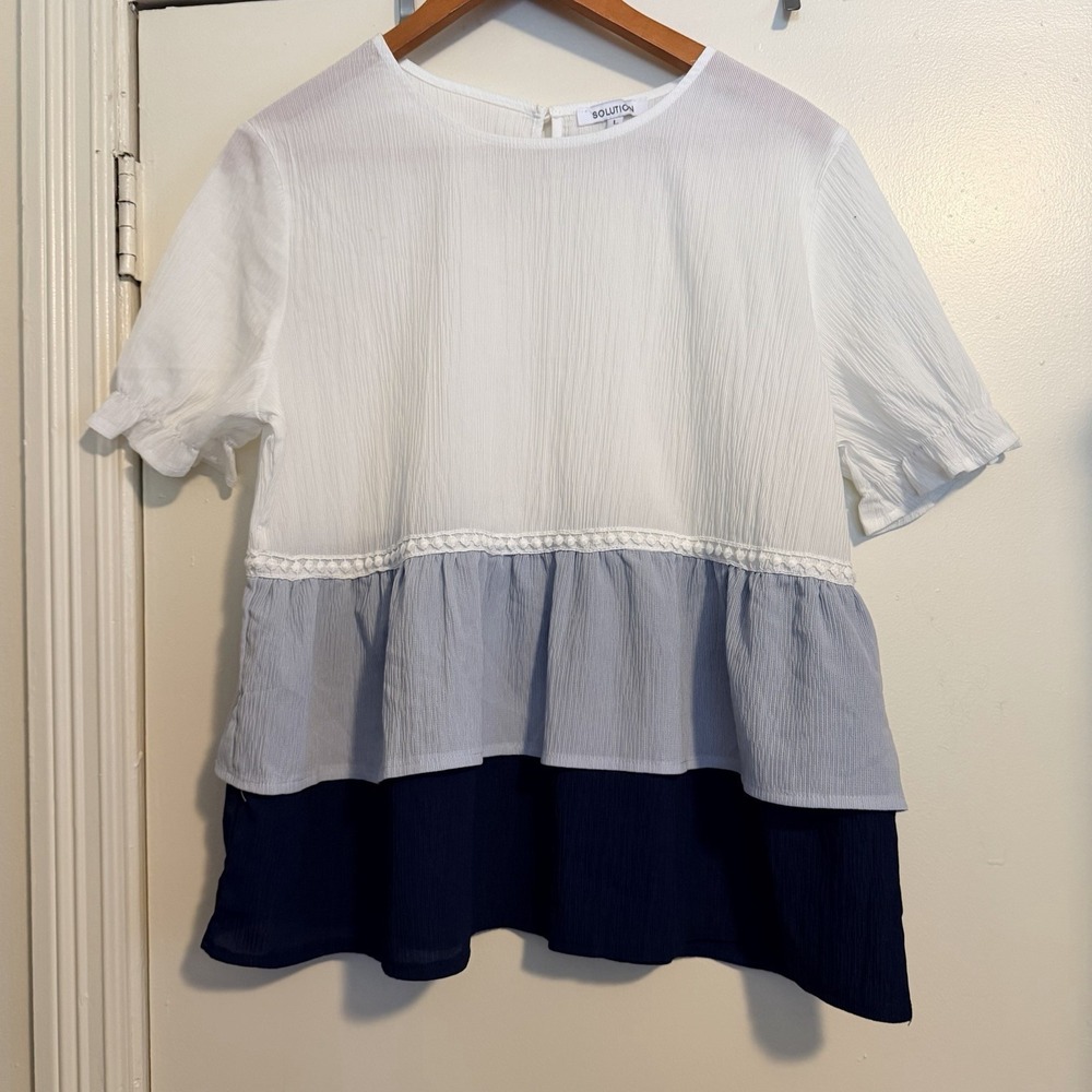 Black White Tiered Midi Short Sleeve Shirt Flowy Boho Coastal Size L Top